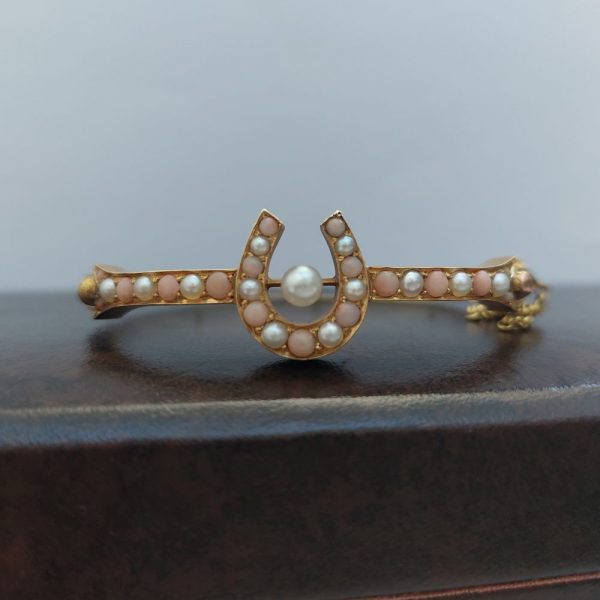 Antique Victorian Coral and Pearl Horseshoe Bangle Bracelet