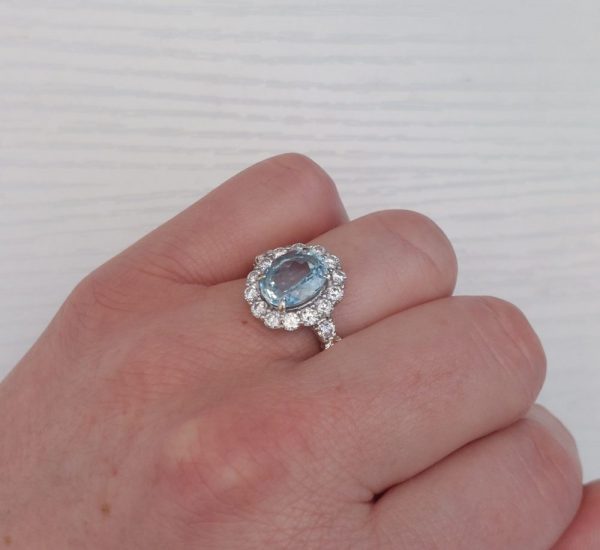 Aquamarine and Diamond Oval Cluster Ring