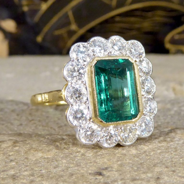 Edwardian Style 2.50ct Emerald and 1.20ct Diamond Cluster Ring