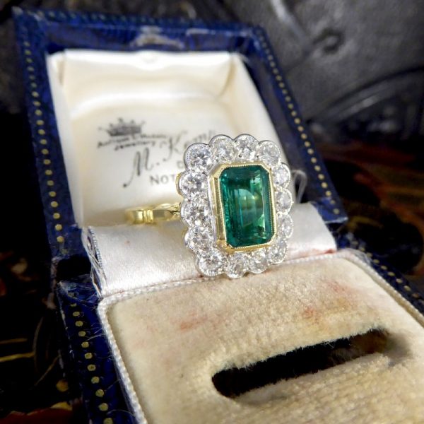 Edwardian Style 2.50ct Emerald and 1.20ct Diamond Cluster Ring