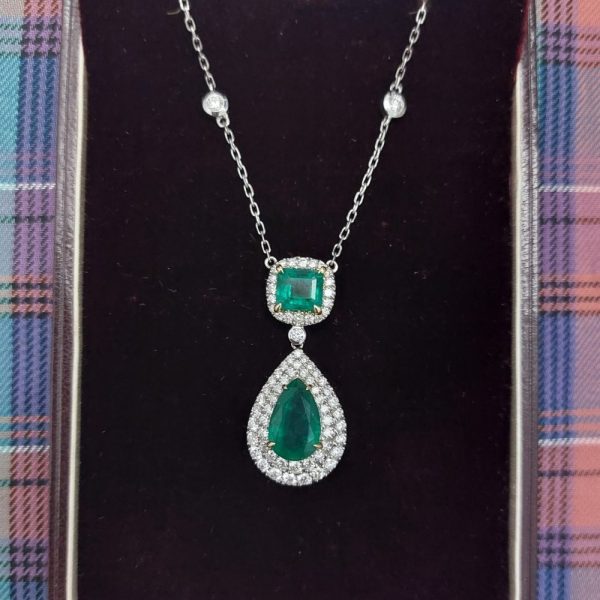 Emerald and Diamond Pendant Drop Necklace