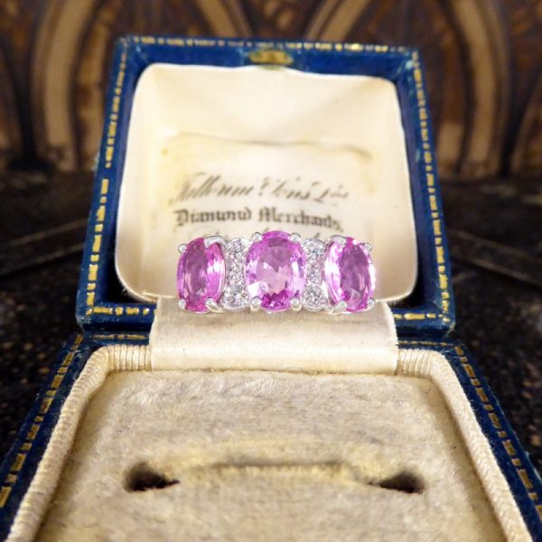 Pink Sapphire Three Stone Ring with Diamond Spacers