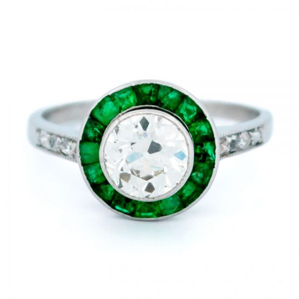 Vintage 1.30ct Diamond and Emerald Target Cluster Ring