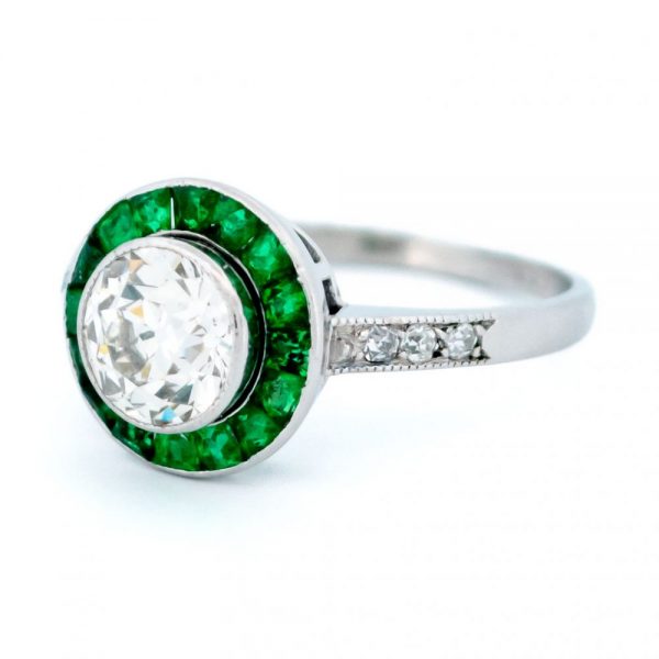 Vintage 1.30ct Diamond and Emerald Target Cluster Ring