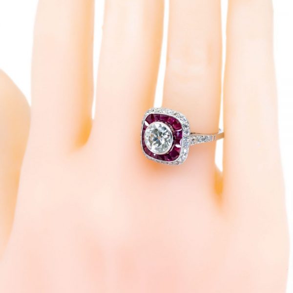 Vintage 1.59ct Old Mine Cut Diamond and Ruby Target Ring