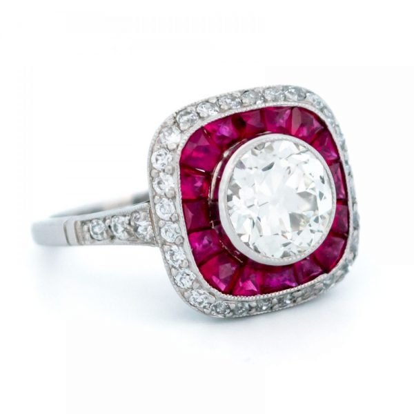 Vintage 1.59ct Old Mine Cut Diamond and Ruby Target Ring