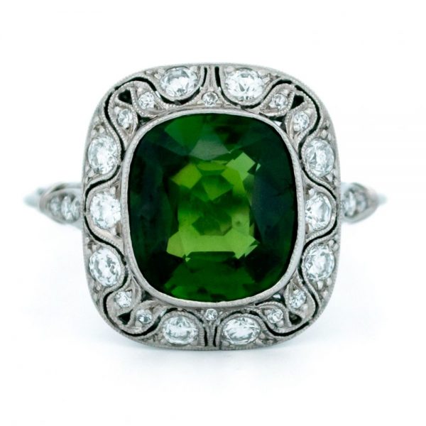 Vintage Green Tourmaline and Old Mine Cut Diamond Cluster Ring