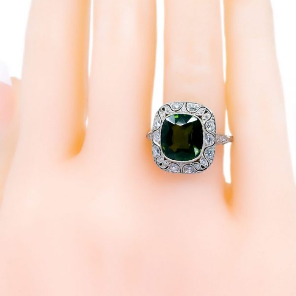 Vintage Green Tourmaline and Old Mine Cut Diamond Cluster Ring