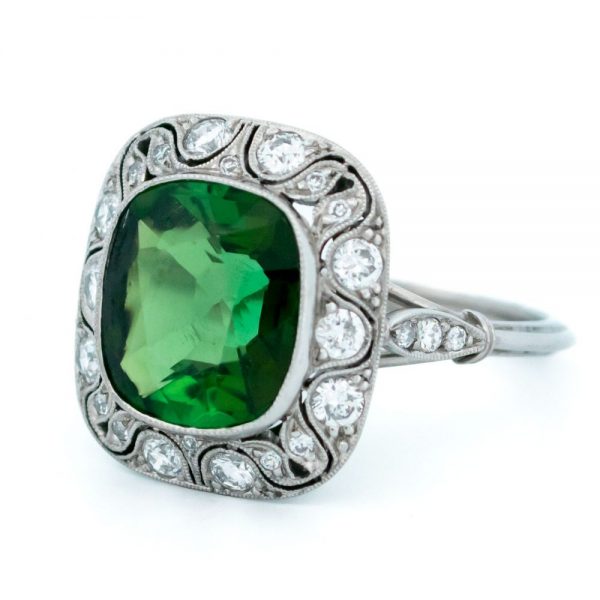 Vintage Green Tourmaline and Old Mine Cut Diamond Cluster Ring