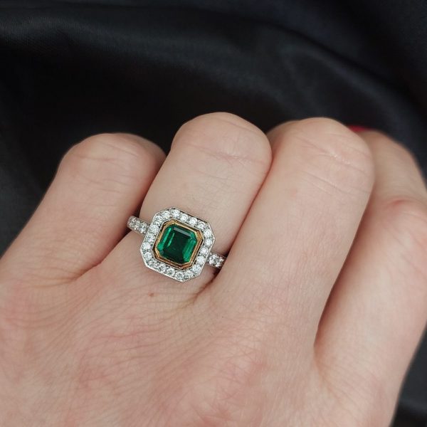 0.90ct Octagon Emerald and Diamond Cluster Ring