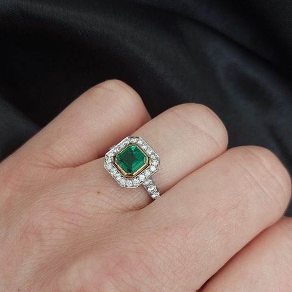 0.90ct Octagon Emerald and Diamond Cluster Ring