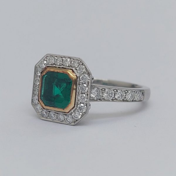 0.90ct Octagon Emerald and Diamond Cluster Ring