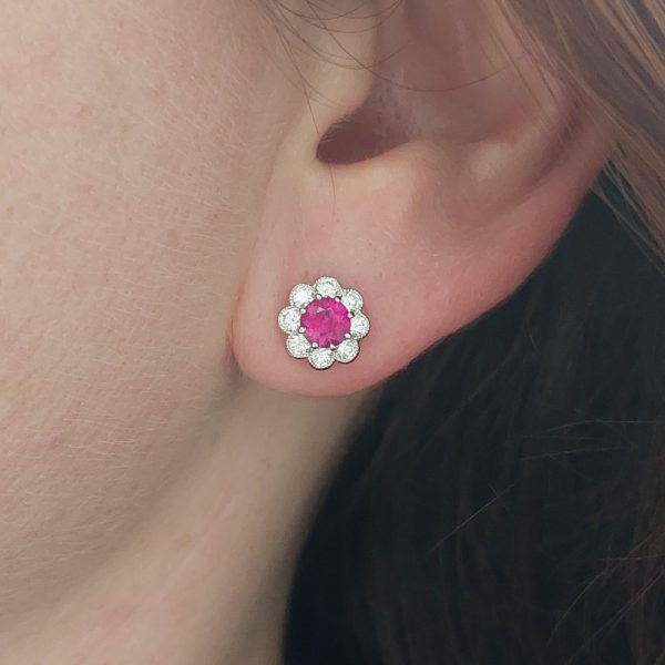 1.24ct Ruby and Diamond Daisy Cluster Earrings