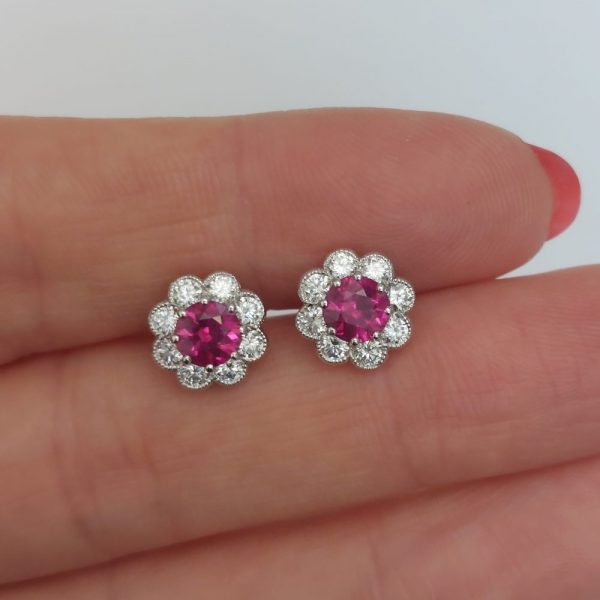 1.24ct Ruby and Diamond Daisy Cluster Earrings