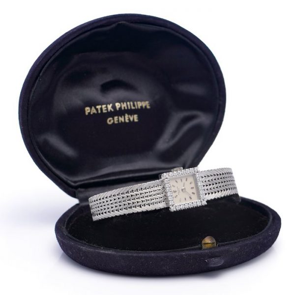 Vintage 1950s Patek Philippe 18ct White Gold Manual Watch with Square Diamond Bezel, 0.56 carat total