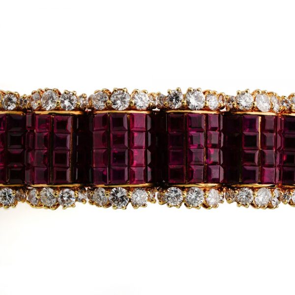 Vintage 14ct Yellow Gold Bangle Bracelet with 18cts Square Cut Rubies and 12.84cts Diamonds Circa 1980s
