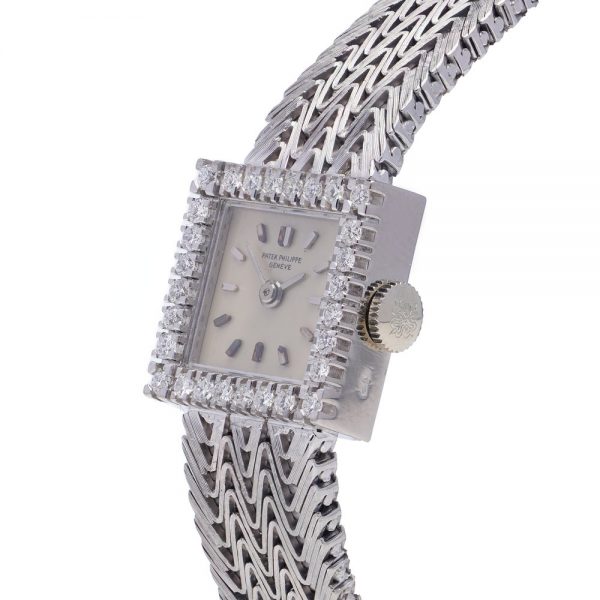 Vintage 1950s Patek Philippe 18ct White Gold Manual Watch with Square Diamond Bezel, 0.56 carats