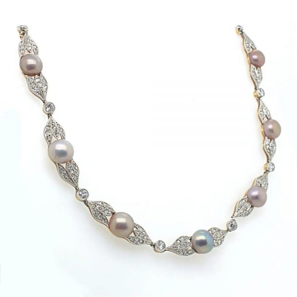 Antique Edwardian Natural Pearl and Diamond Necklace, 5 carats