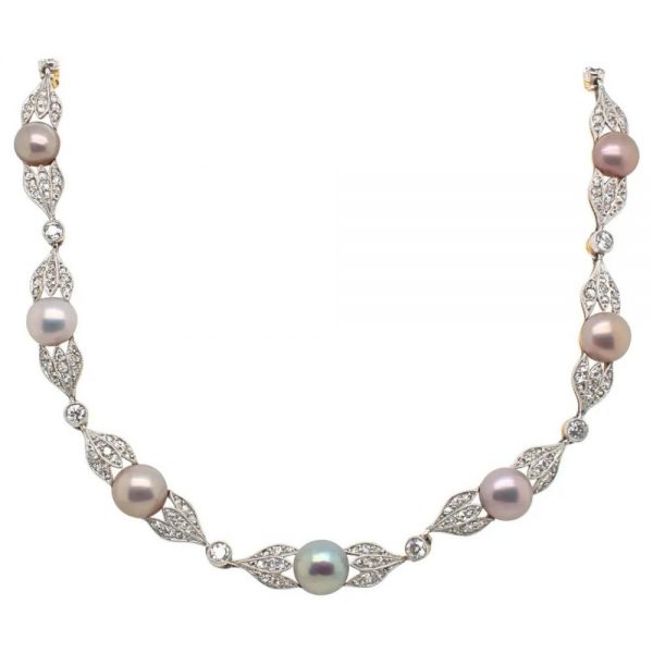 Antique Edwardian Natural Pearl and Diamond Necklace, 5 carat total