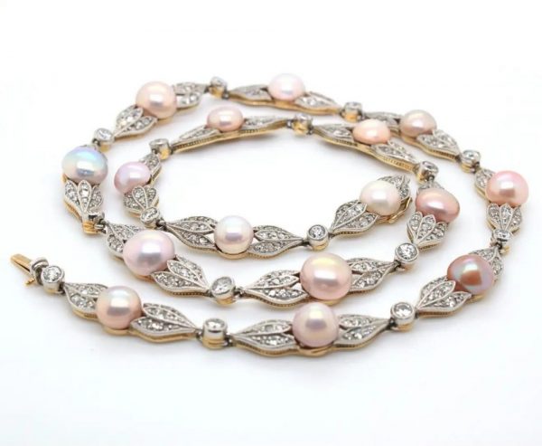 Antique Edwardian Natural Pearl and Old Cut Diamond Necklace, 5 carats