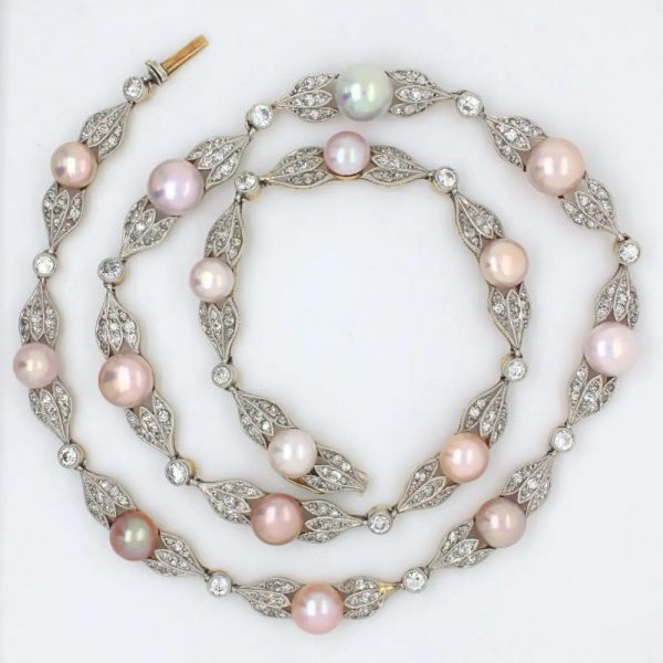 Antique Edwardian Natural Pearl and Diamond Necklace