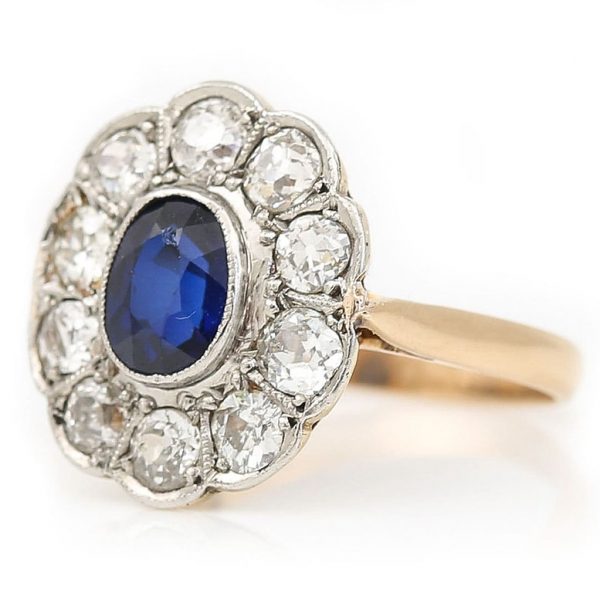 Antique Edwardian 1ct Sapphire and Diamond Cluster Ring