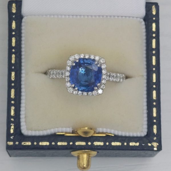 2.35ct Cushion Sapphire and Diamond Cluster Ring