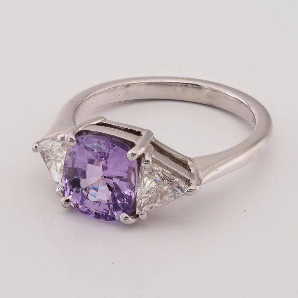 2.30ct Violet Purple Ceylon Sapphire and Trilliant Diamond Trilogy Ring Natural No Heat
