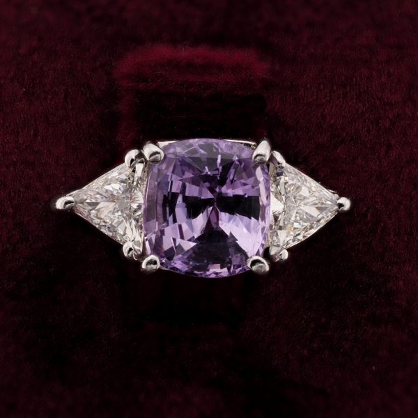 2.30ct Natural No Heat Violet Purple Ceylon Sapphire and Trilliant Diamond Three Stone Ring in Platinum