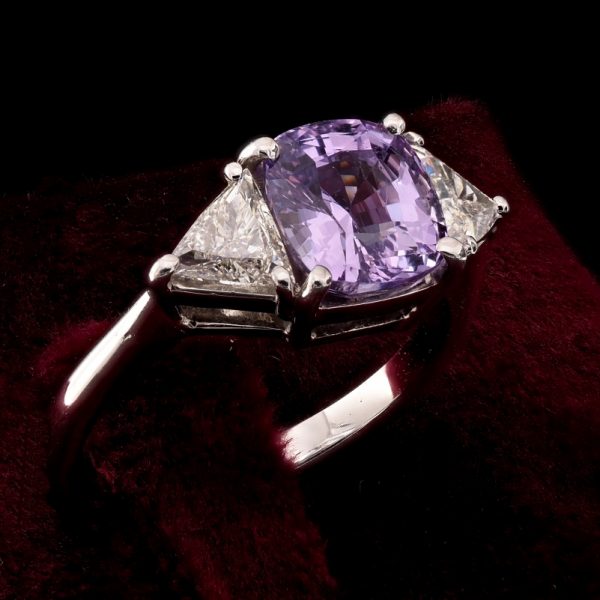 2.30ct Natural No Heat Violet Purple Ceylon Sapphire and 1.10ct Trilliant Diamond Three Stone Ring