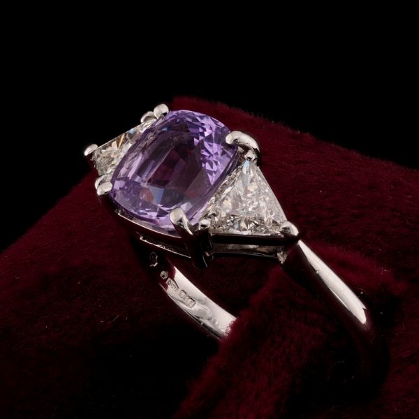 2.30ct Natural No Heat Violet Lavender Purple Ceylon Sapphire and 1.10ct Trillion Diamond Three Stone Ring