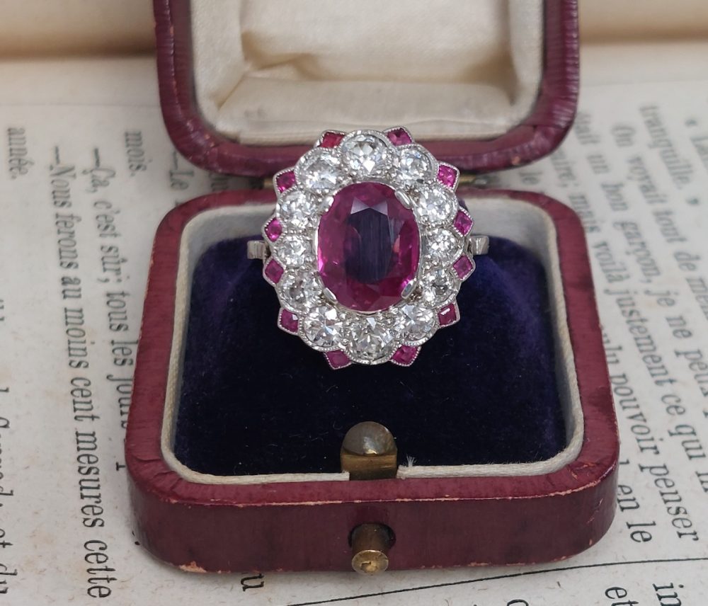 Antique Edwardian 2.25 Burma Ruby and Diamond Cluster Ring, Circa 1910