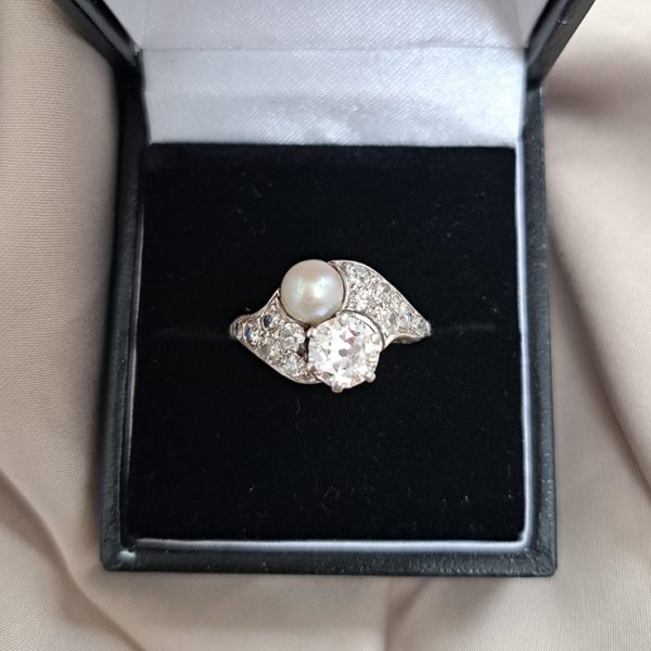 Belle Epoque Natural Pearl and Old Cut Diamond Ring in Platinum