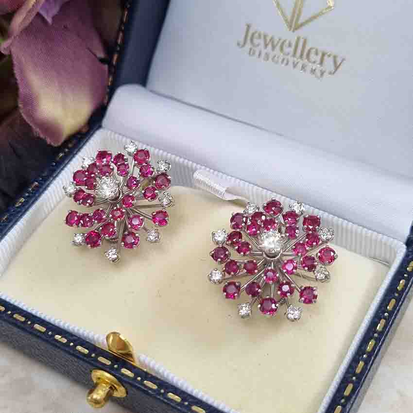Oscar Heyman Ruby and Diamond Snowflake Cluster Earrings