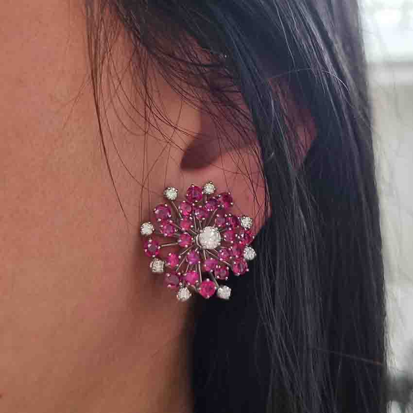 Oscar Heyman Ruby and Diamond Snowflake Cluster Earrings