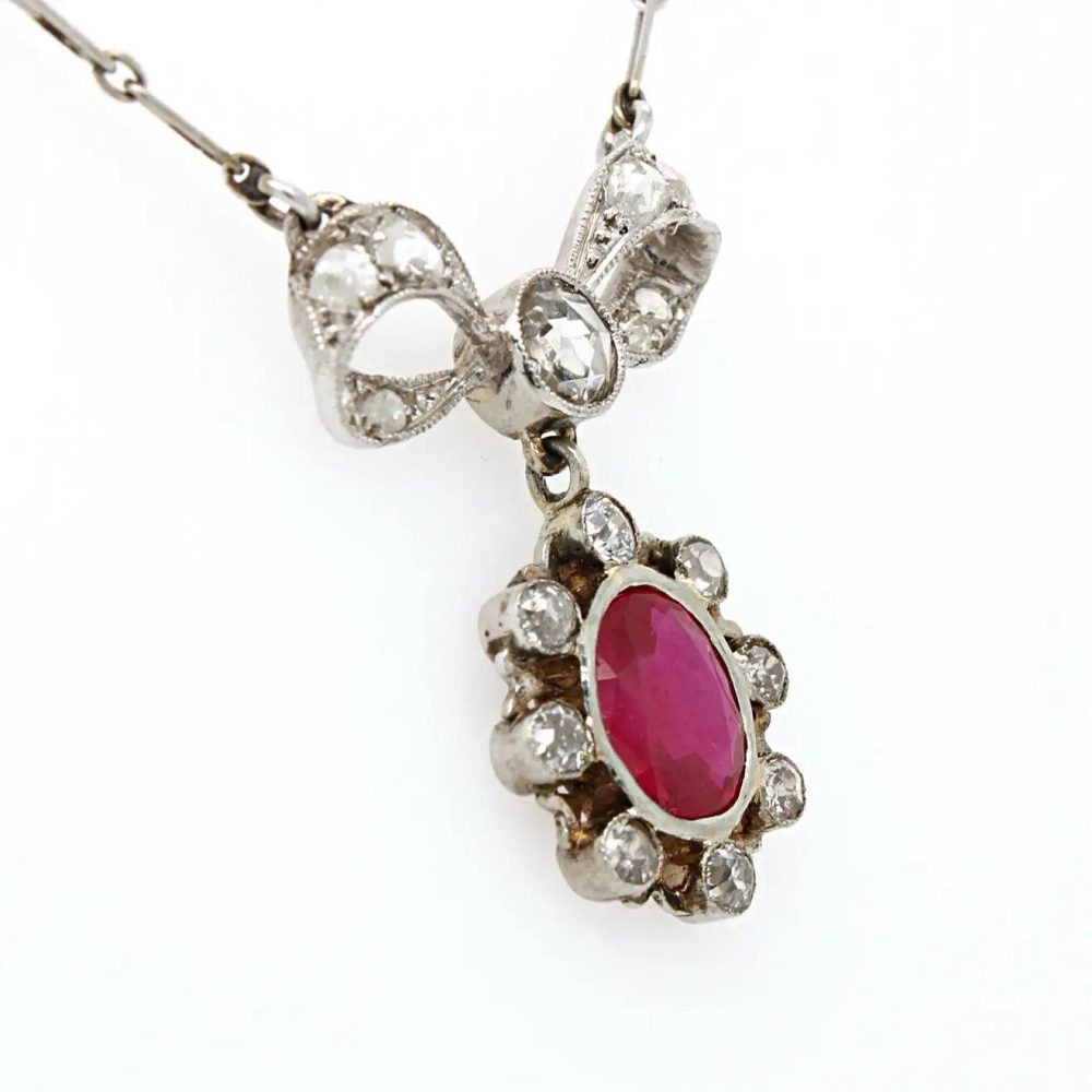 Belle Epoque Burma Ruby and Diamond Bow Pendant Necklace