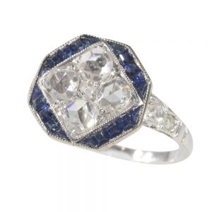 Vintage Art Deco ring sapphire and diamond engagement old cuts