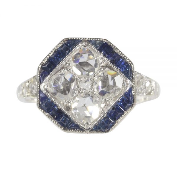 Art Deco ring sapphire and diamond engagement old cuts