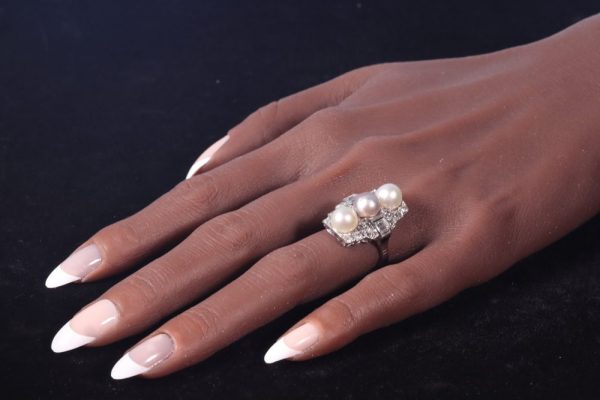 Art Deco Pearl and Old Mine Cut Diamond Panel Ring