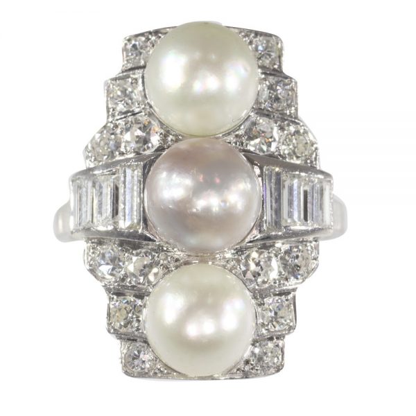 Antique pearl and diamond panel ring