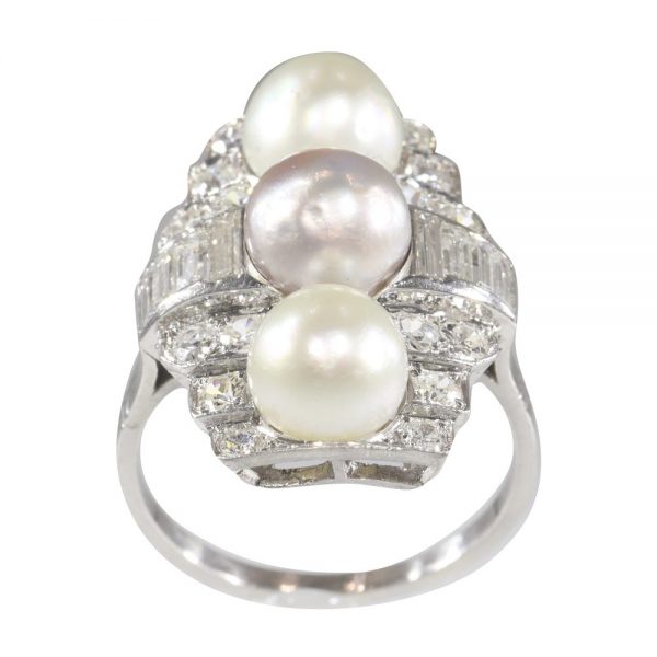 Art Deco Pearl and Old Mine Cut Diamond Panel Ring