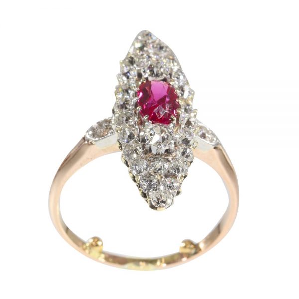 Antique Victorian Ruby and 1.50ct Diamond Navette Cluster Ring