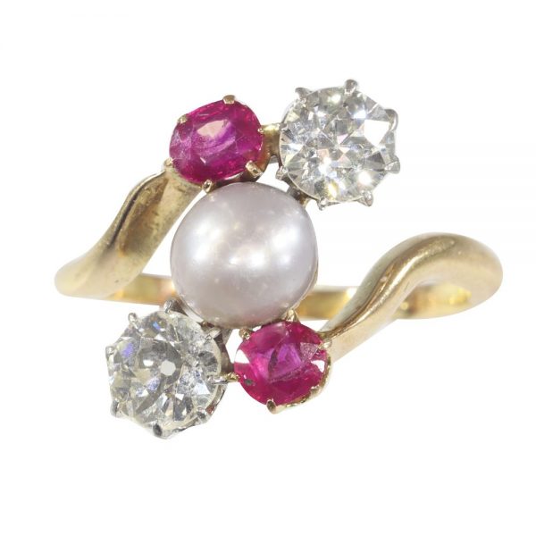 Antique Art Nouveau Natural Pearl Ruby Diamond Ring