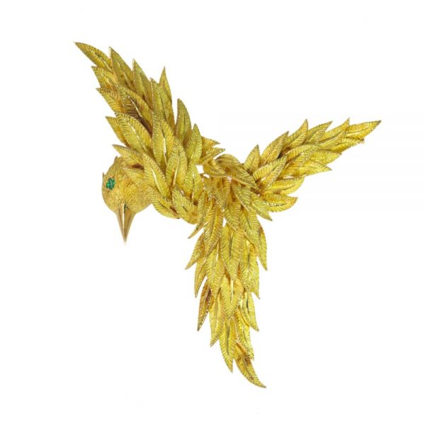 Vintage Emerald Set Gold Bird Brooch