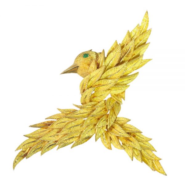 Vintage Emerald Set Gold Bird Brooch