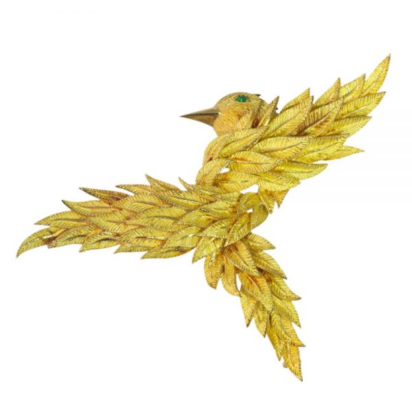 Vintage Emerald Set Gold Bird Brooch