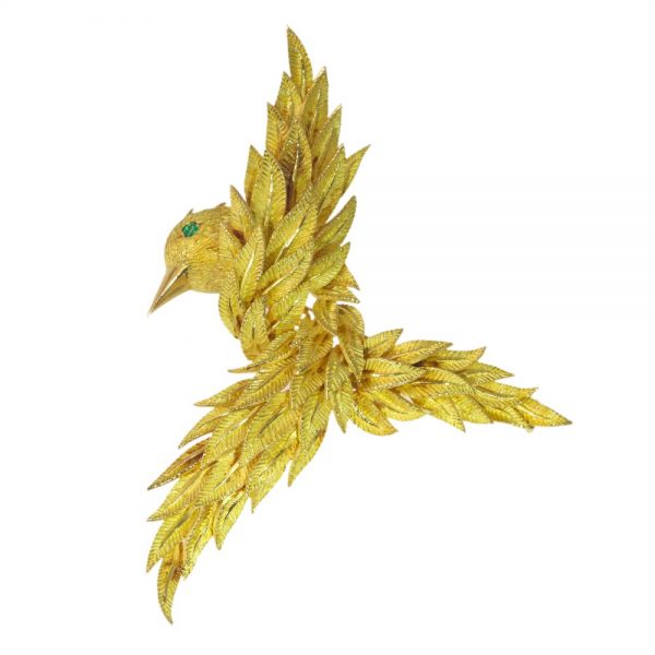 Vintage Emerald Set Gold Bird Brooch
