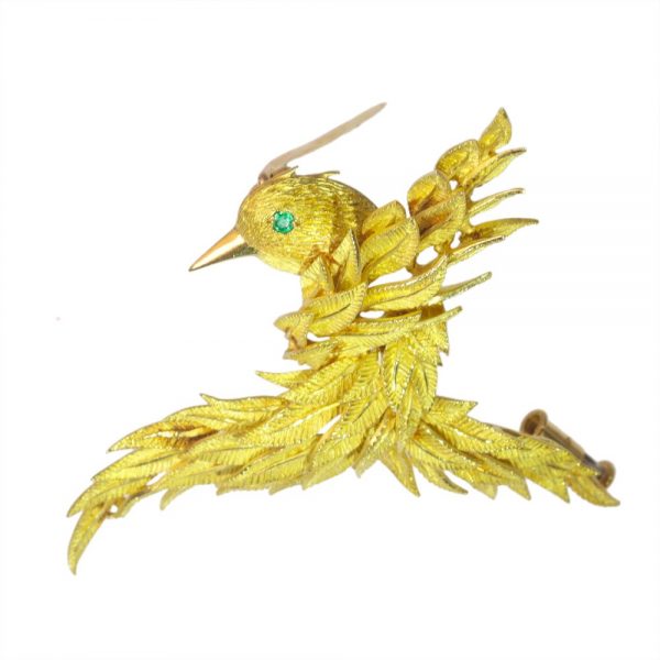 Vintage Emerald Set Gold Bird Brooch