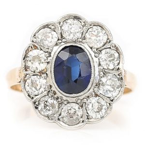 Antique Edwardian 1ct Sapphire and Diamond Cluster Ring