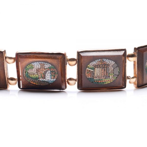 Antique 19th Century Italian Gold and Roman Micromosiac Plaque Link Bracelet